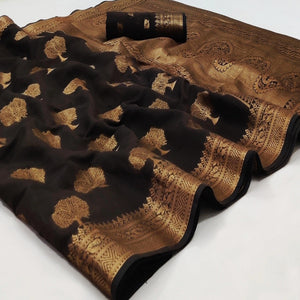 Dark Brown Festive Wear Woven Cotton Silk Saree With Jacquard Border