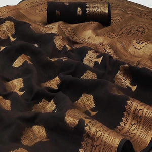 Dark Brown Festive Wear Woven Cotton Silk Saree With Jacquard Border