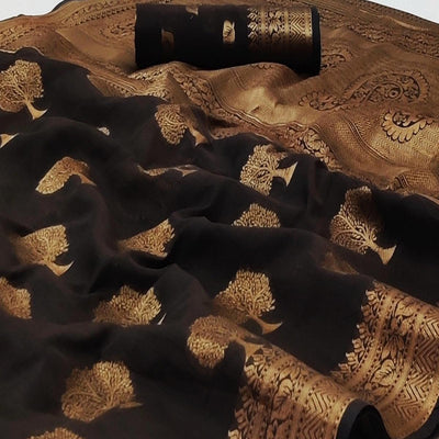 Dark Brown Festive Wear Woven Cotton Silk Saree With Jacquard Border