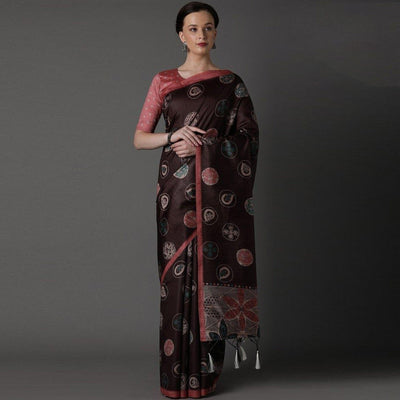 Dark Brown Party Wear Satin Printed Saree With Unstitched Blouse