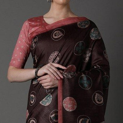 Dark Brown Party Wear Satin Printed Saree With Unstitched Blouse