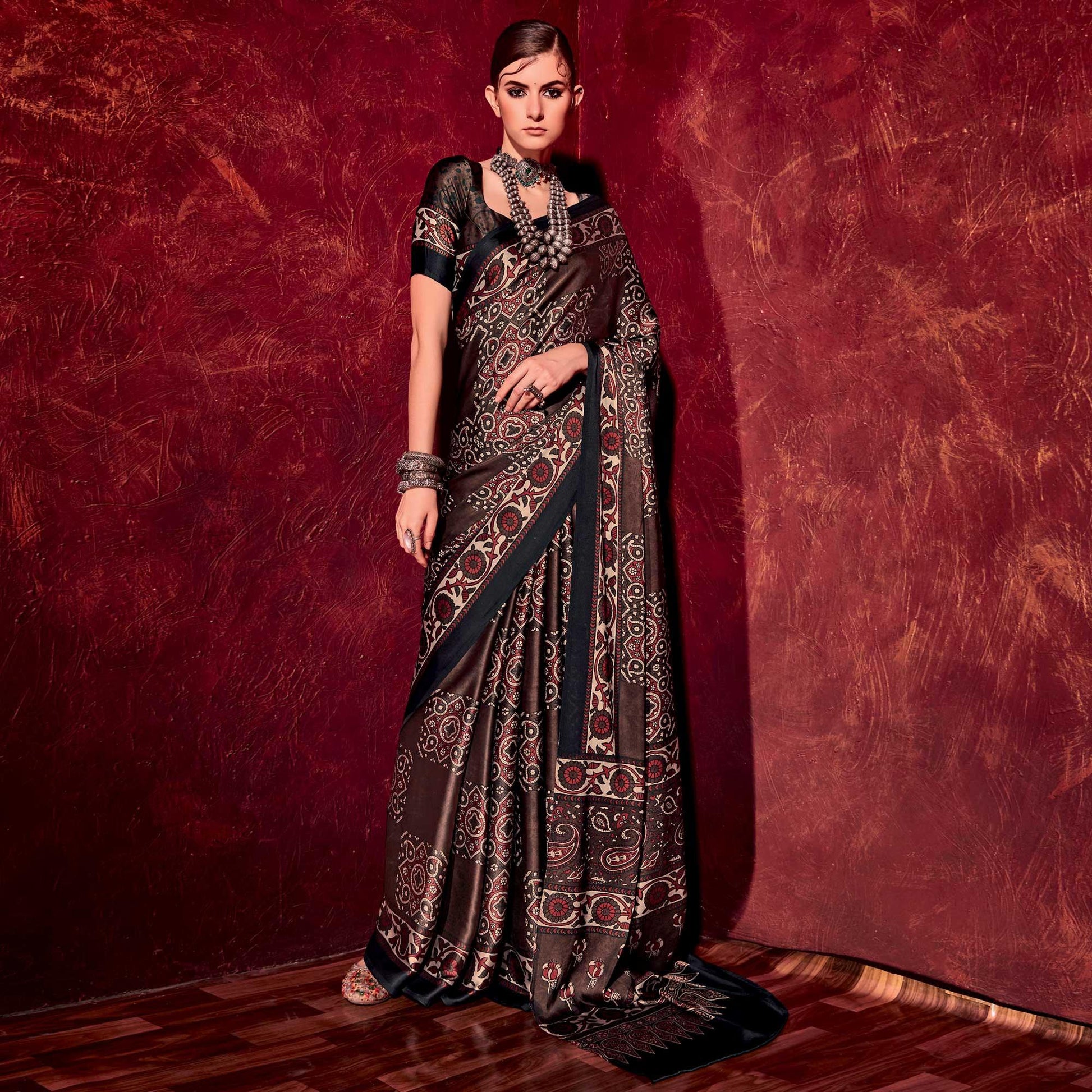 Dark Brown Printed Satin Saree