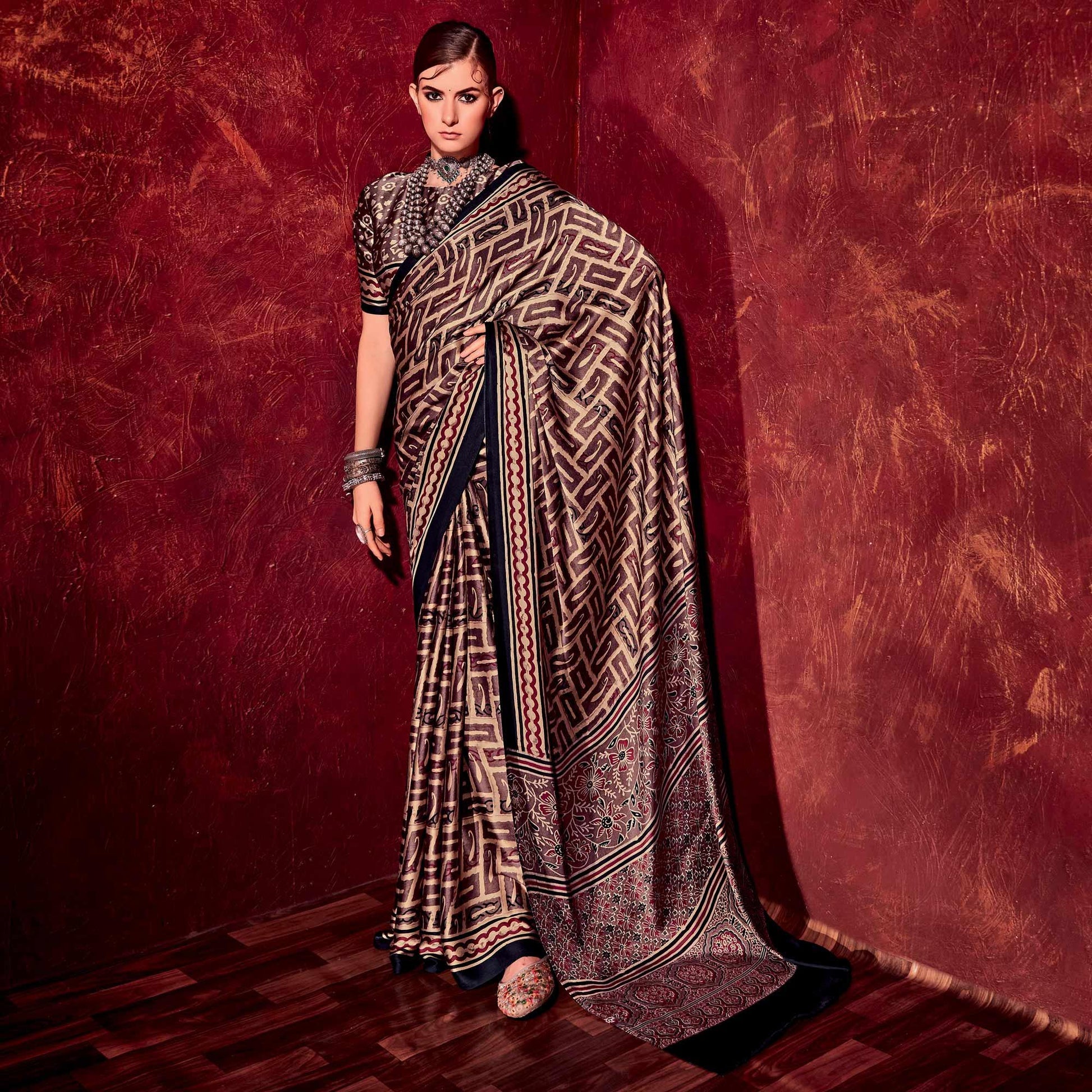 Dark Brown Printed Satin Saree
