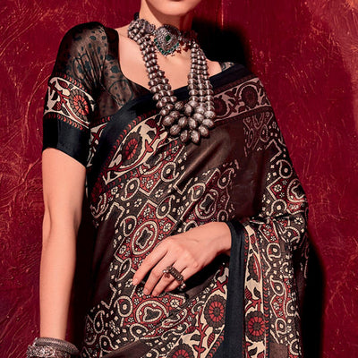 Dark Brown Printed Satin Saree