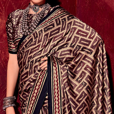 Dark Brown Printed Satin Saree