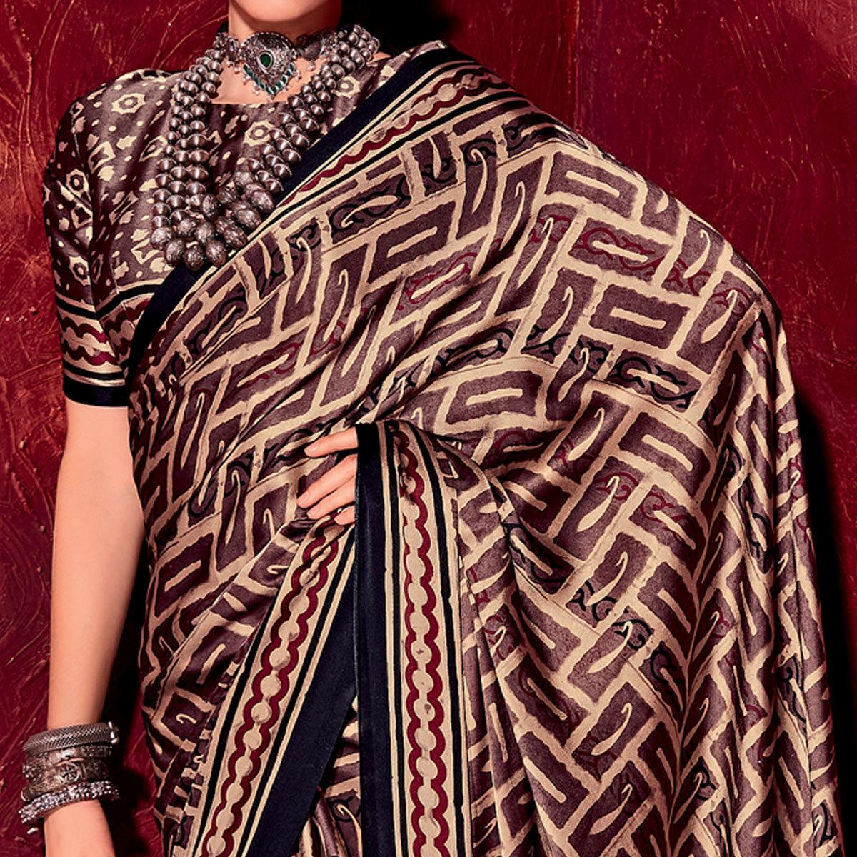 Dark Brown Printed Satin Saree