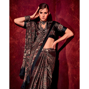 Dark Brown Printed Satin Saree