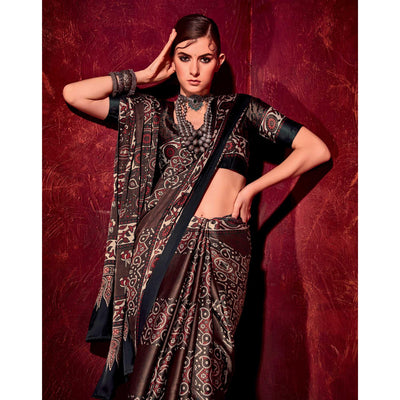 Dark Brown Printed Satin Saree