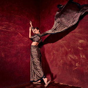 Dark Brown Printed Satin Saree