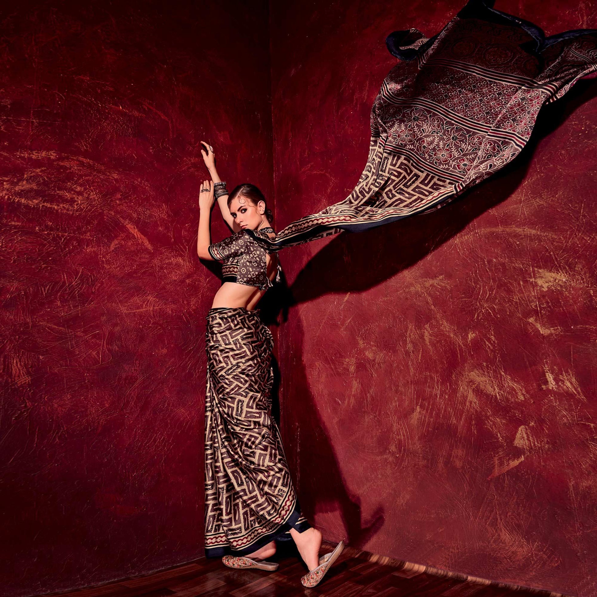 Dark Brown Printed Satin Saree