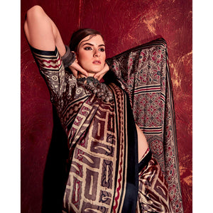 Dark Brown Printed Satin Saree