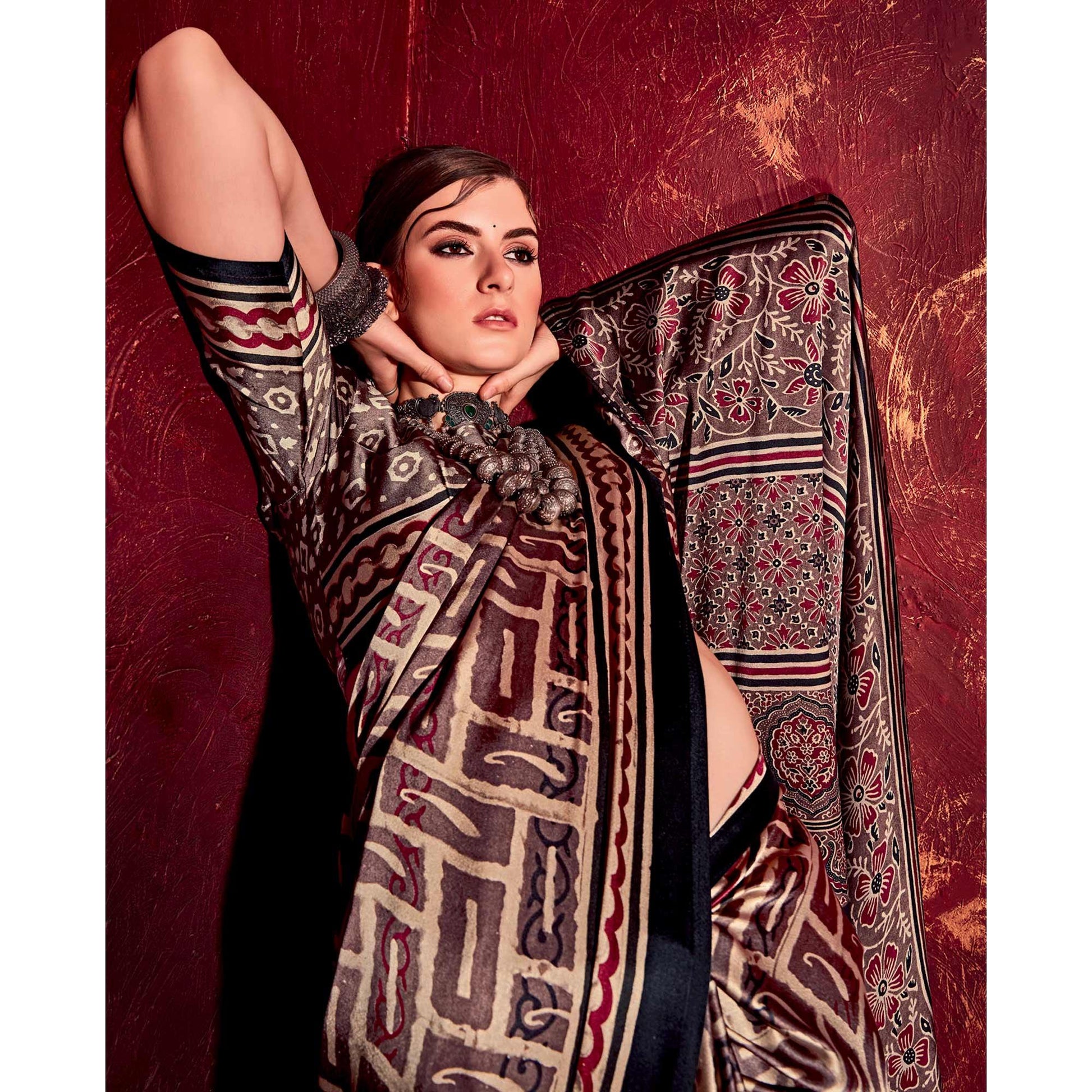 Dark Brown Printed Satin Saree
