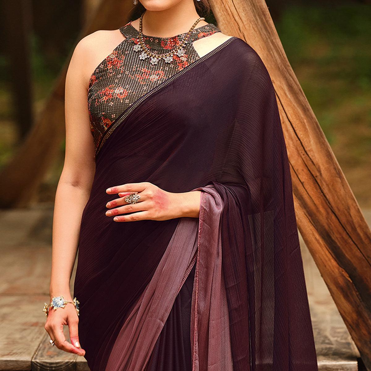 Dark Brown Solid Chiffon Saree