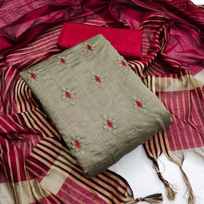 Dark Chikoo Casual Wear Embroidered Chanderi Dress Material