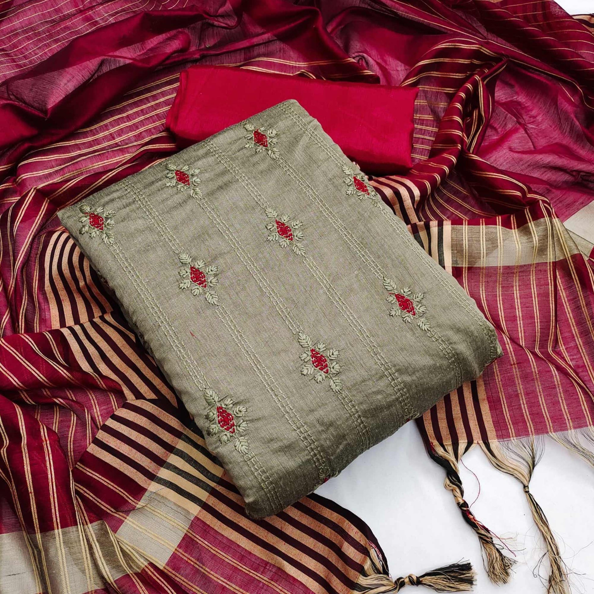 Dark Chikoo Casual Wear Embroidered Chanderi Dress Material
