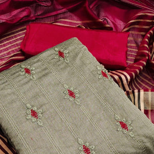 Dark Chikoo Casual Wear Embroidered Chanderi Dress Material