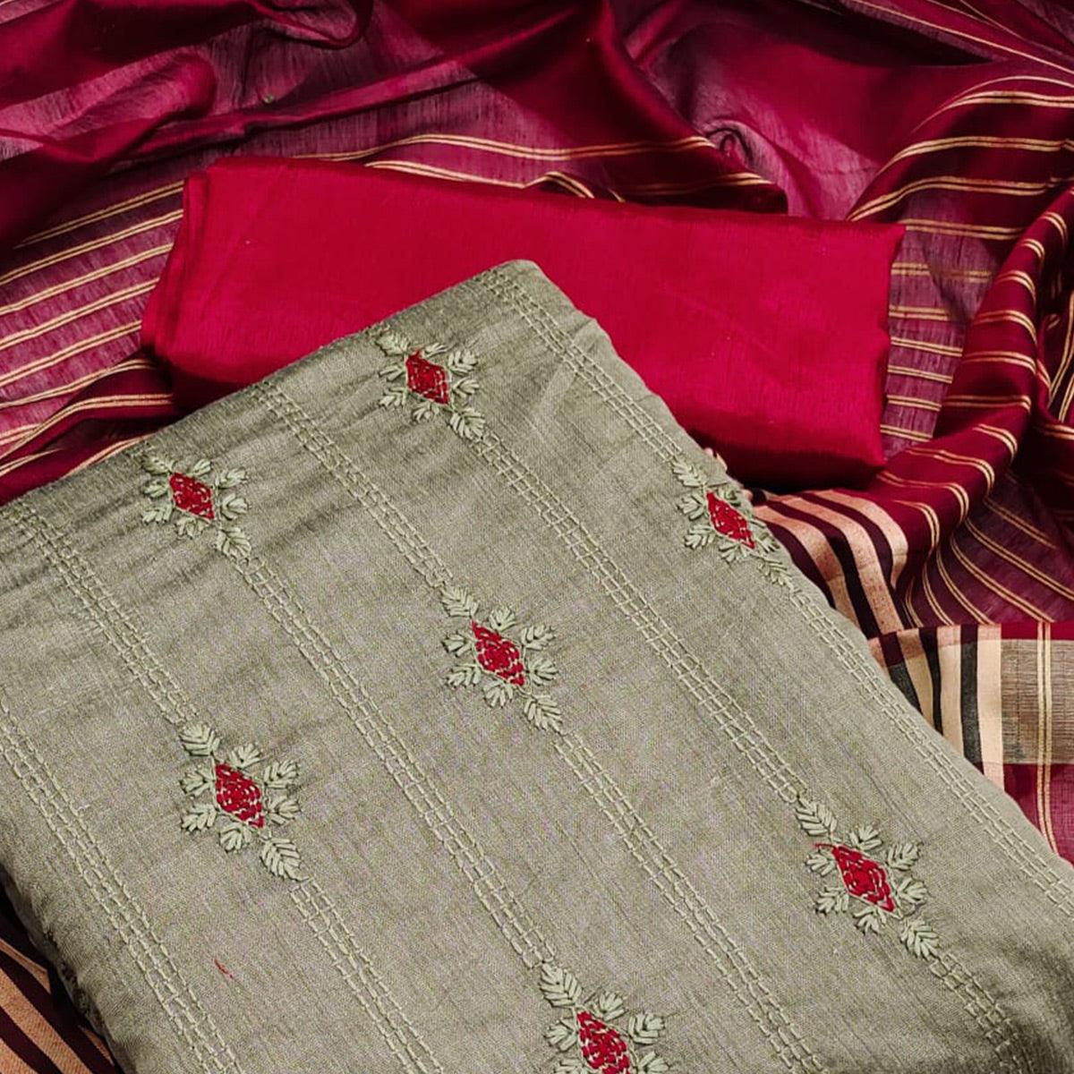 Dark Chikoo Casual Wear Embroidered Chanderi Dress Material