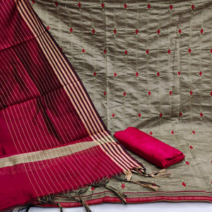 Dark Chikoo Casual Wear Embroidered Chanderi Dress Material