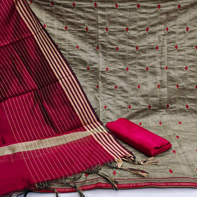 Dark Chikoo Casual Wear Embroidered Chanderi Dress Material