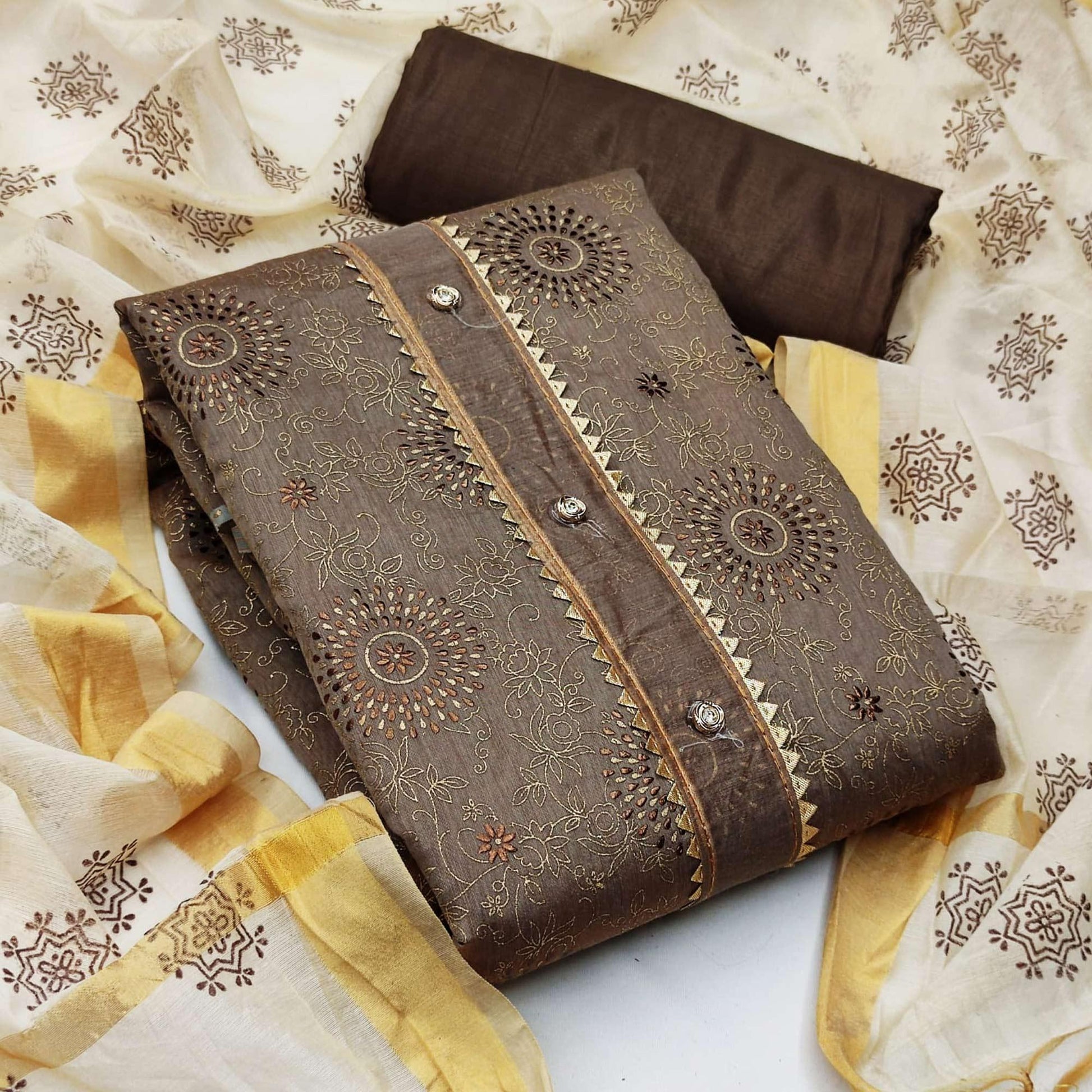 Dark Chiku Casual Wear Foil & Printed Chanderi Dress Material