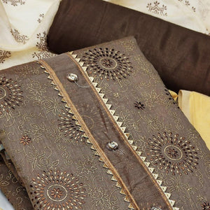 Dark Chiku Casual Wear Foil & Printed Chanderi Dress Material