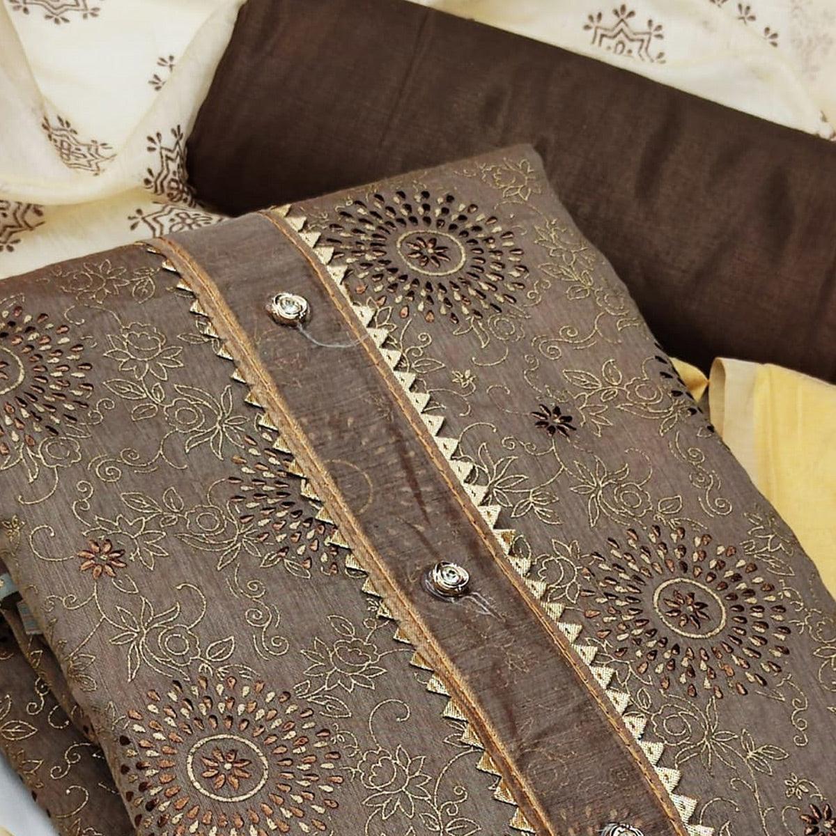 Dark Chiku Casual Wear Foil & Printed Chanderi Dress Material