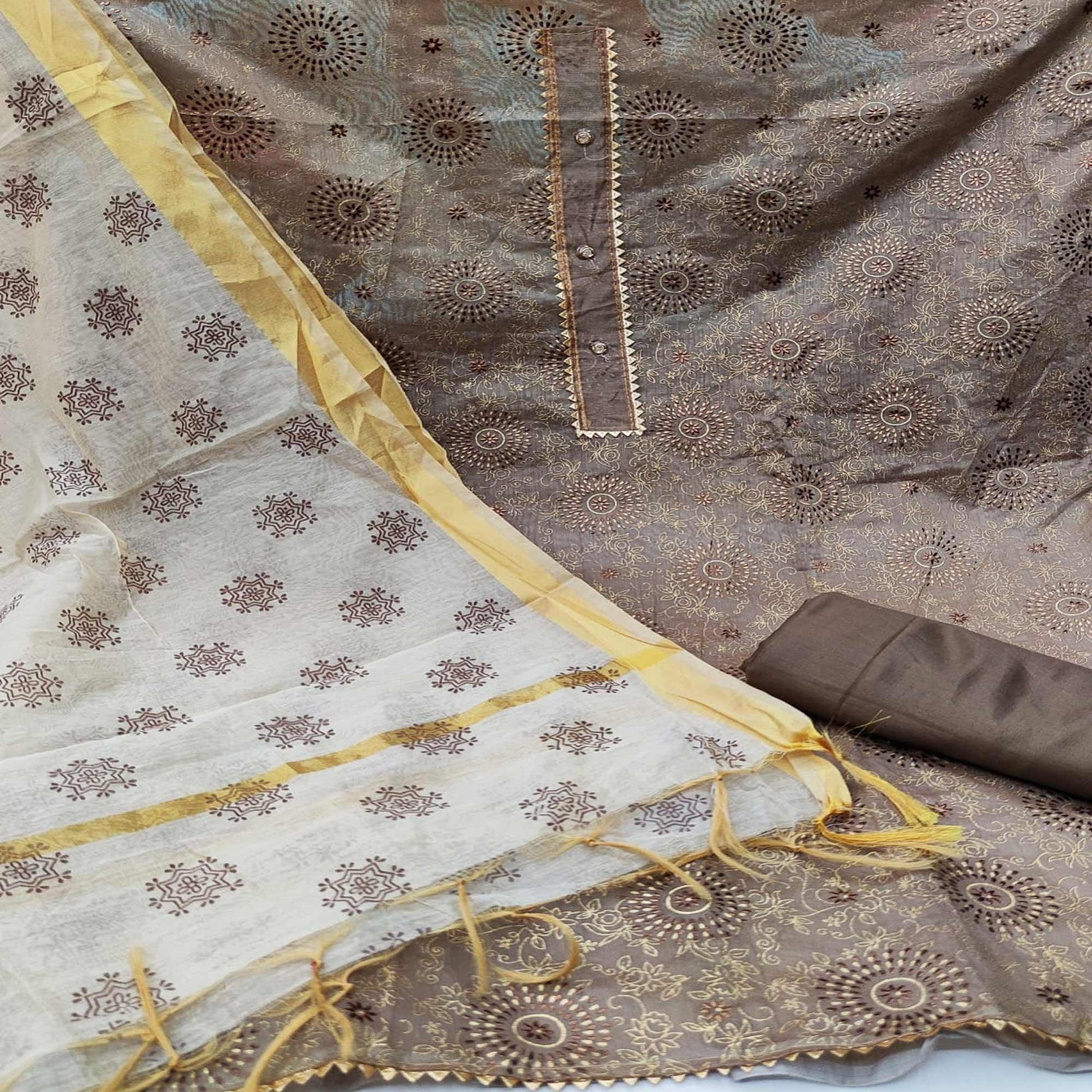 Dark Chiku Casual Wear Foil & Printed Chanderi Dress Material
