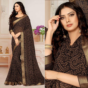 Dark Coffee Printed With Woven Border Georgette Saree