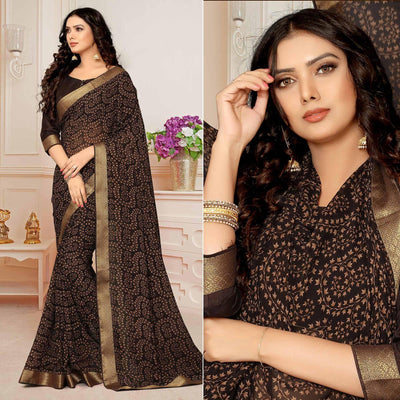 Dark Coffee Printed With Woven Border Georgette Saree