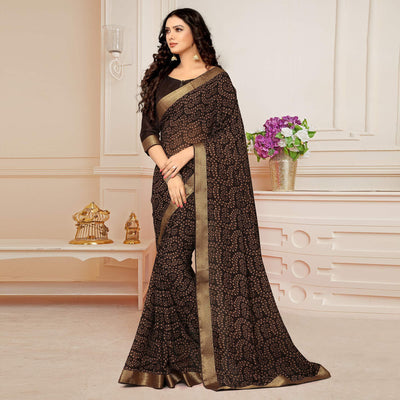 Dark Coffee Printed With Woven Border Georgette Saree