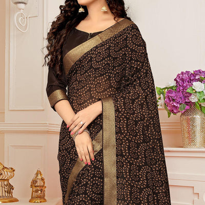 Dark Coffee Printed With Woven Border Georgette Saree