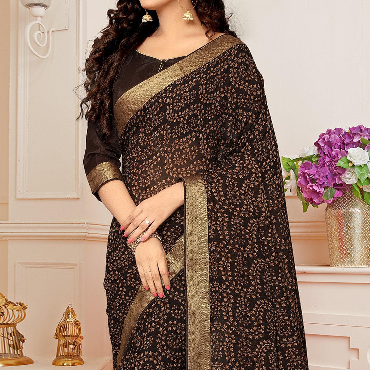 Dark Coffee Printed With Woven Border Georgette Saree
