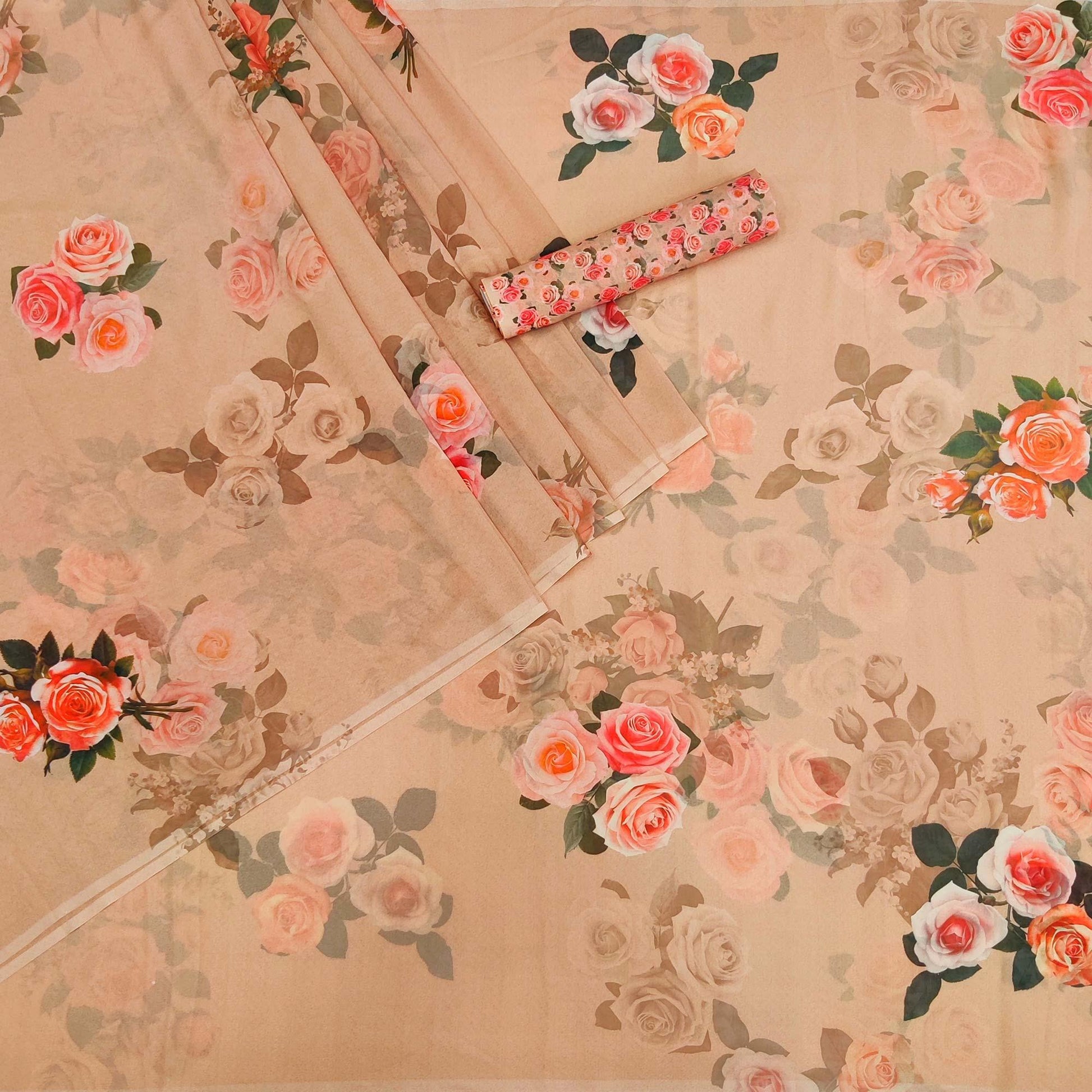 Dark Cream Digital Printed Georgette Saree