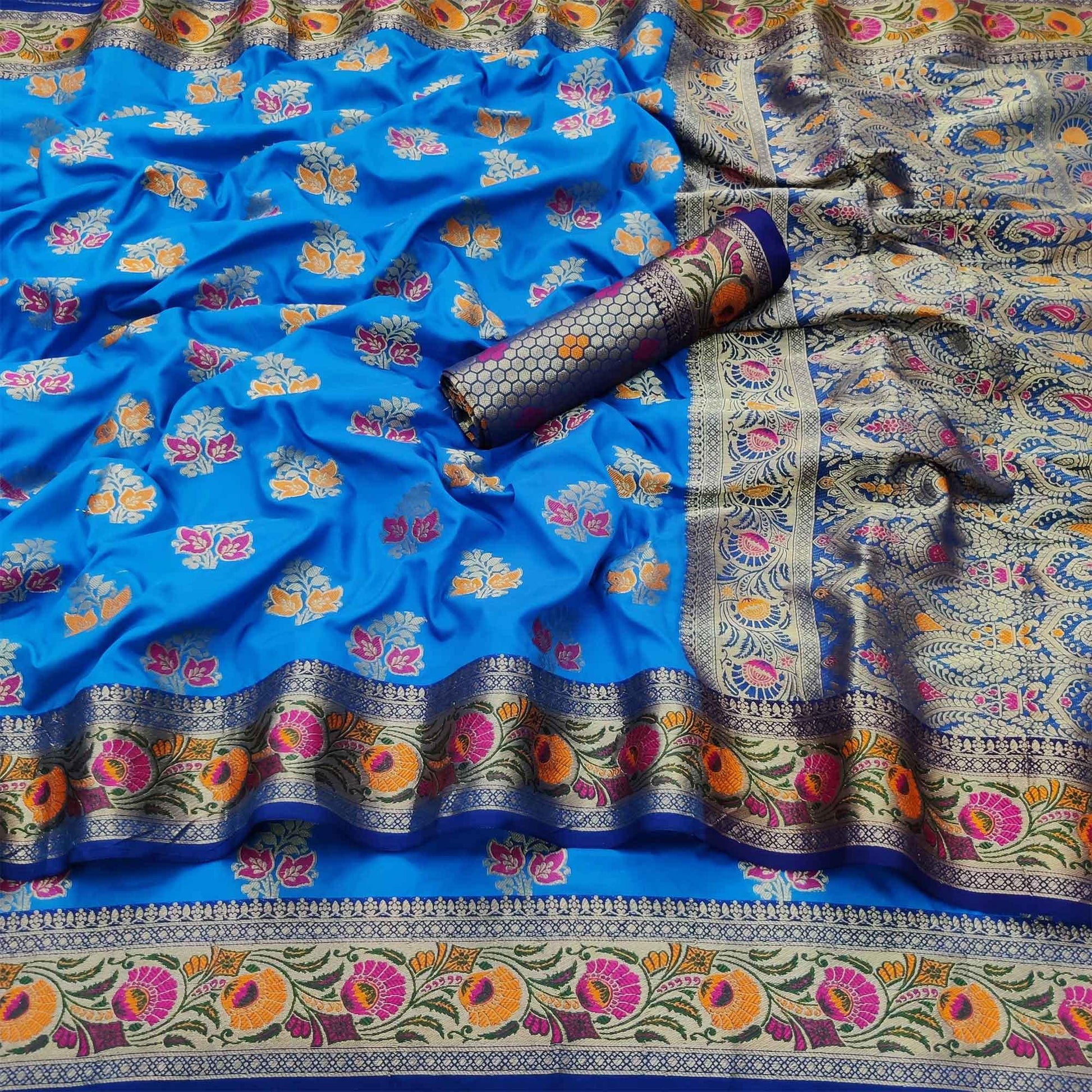 Dark Firoji Festive Wear Floral Woven Soft Silk Saree