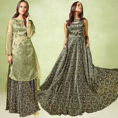 Dark Gray-Green Printed Satin Gown