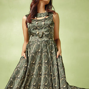 Dark Gray-Green Printed Satin Gown