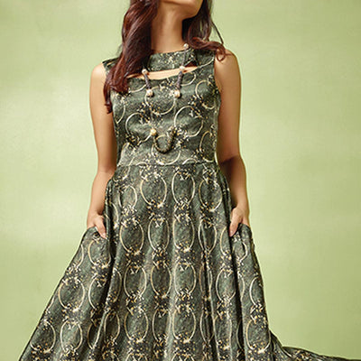 Dark Gray-Green Printed Satin Gown