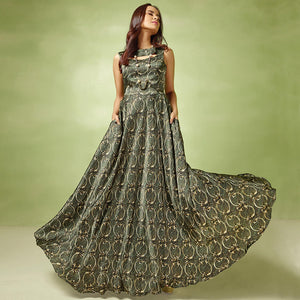 Dark Gray-Green Printed Satin Gown