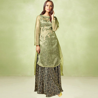 Dark Gray-Green Printed Satin Gown