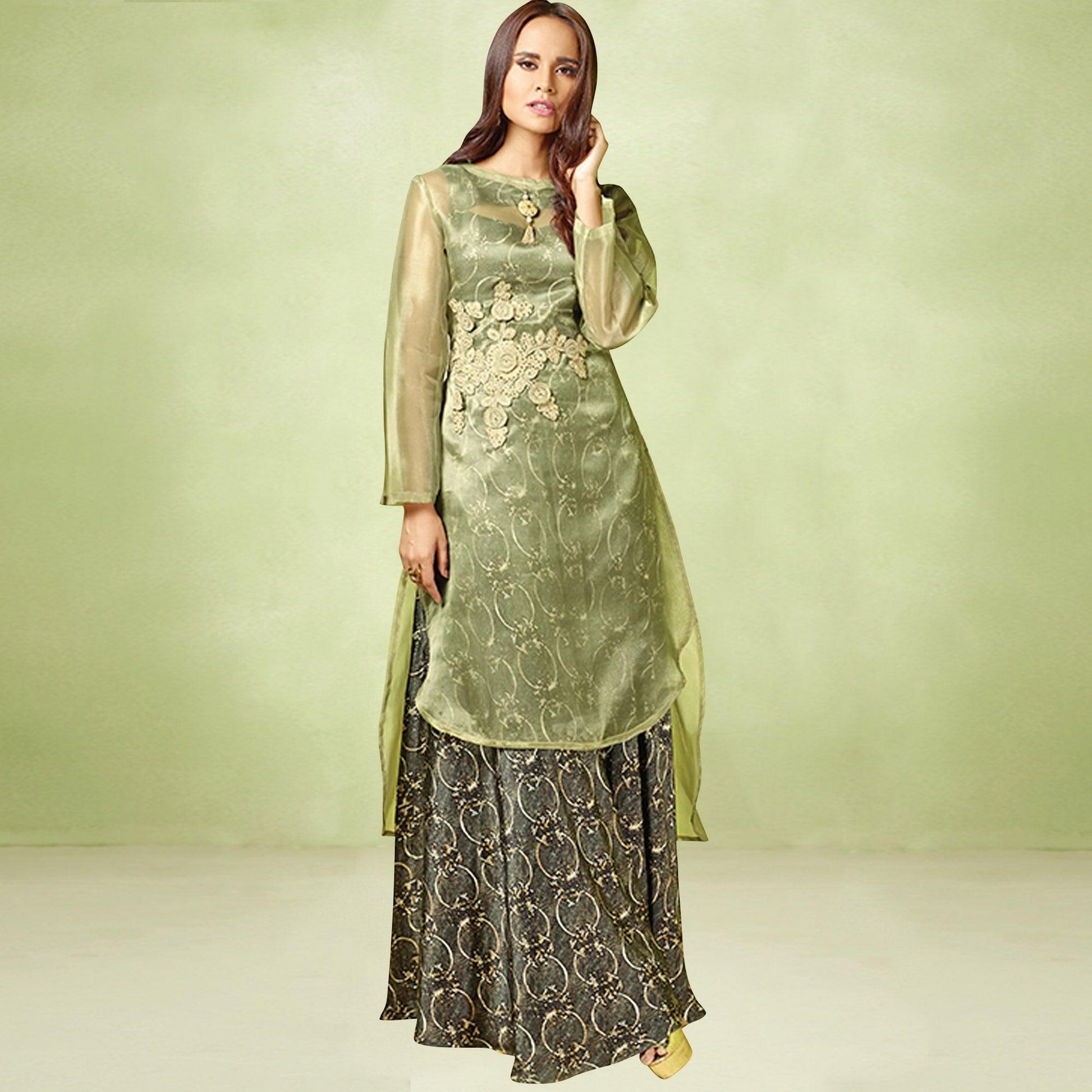 Dark Gray-Green Printed Satin Gown