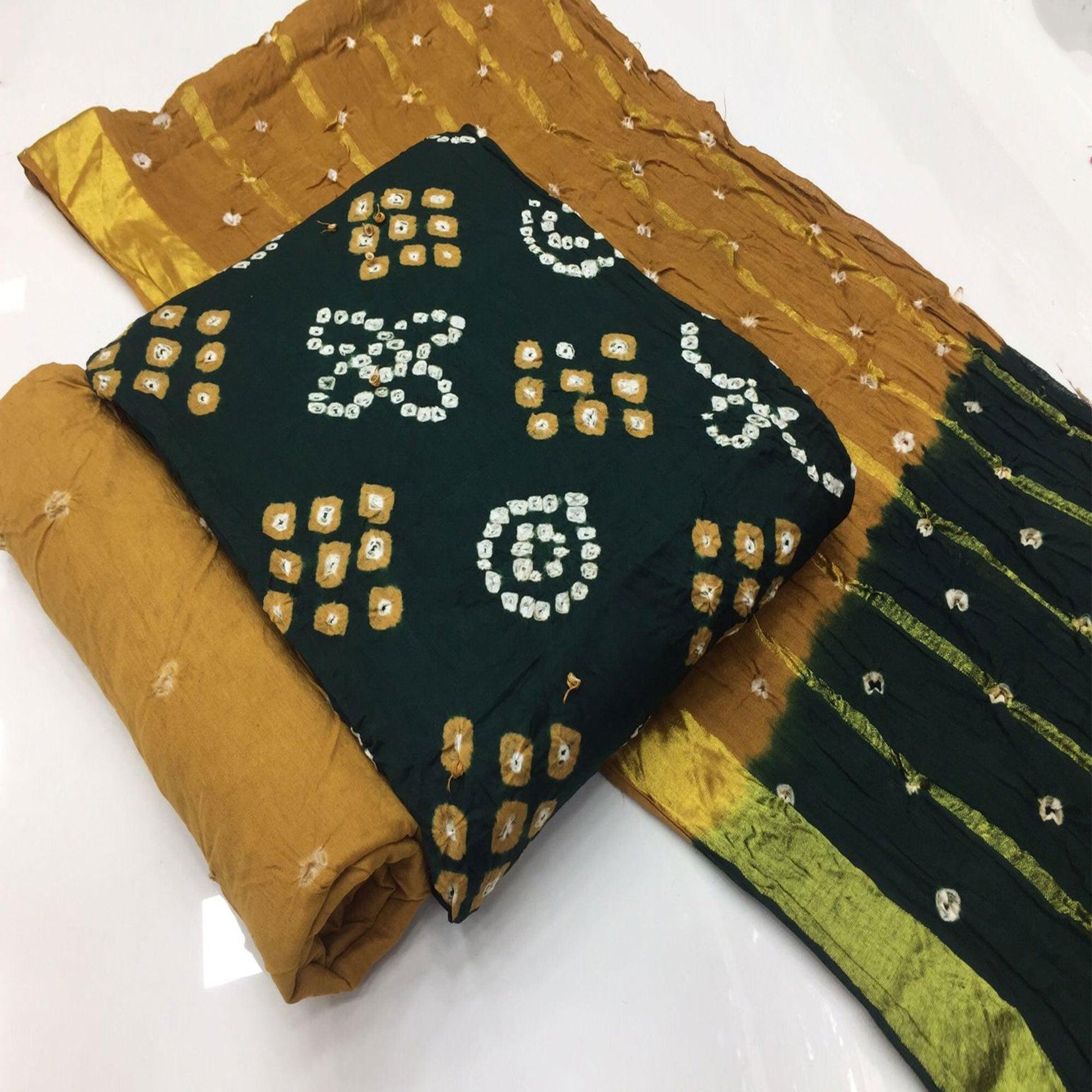 Dark Green Bandhani Printed Pure Cotton Dress Material
