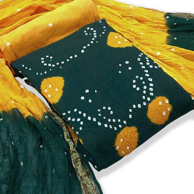 Dark Green Casual Wear Bandhej And Woven Pure Cotton Dress Material