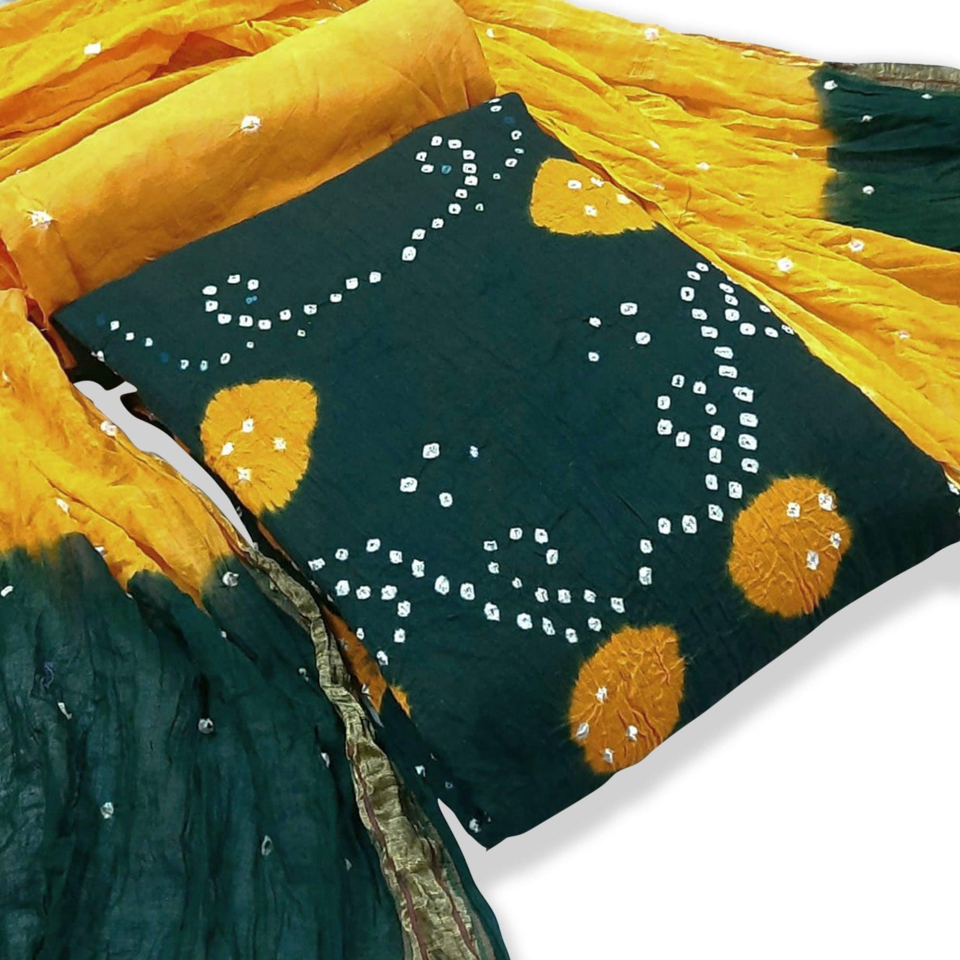 Dark Green Casual Wear Bandhej And Woven Pure Cotton Dress Material