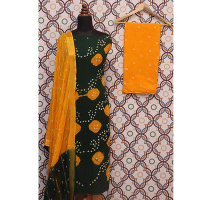 Dark Green Casual Wear Bandhej And Woven Pure Cotton Dress Material