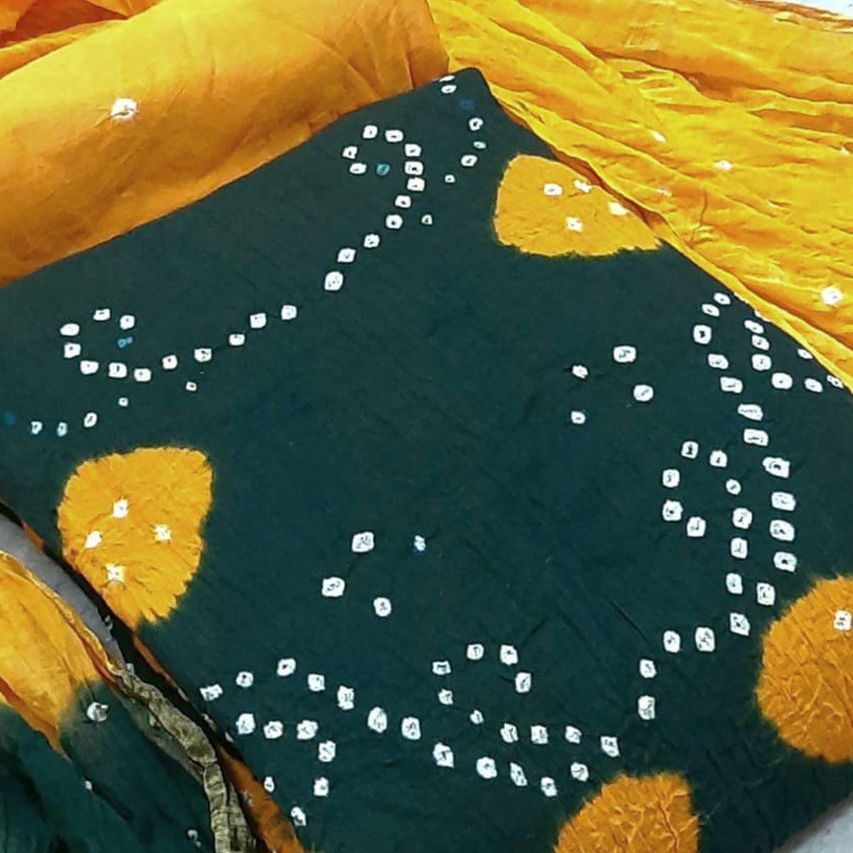 Dark Green Casual Wear Bandhej And Woven Pure Cotton Dress Material