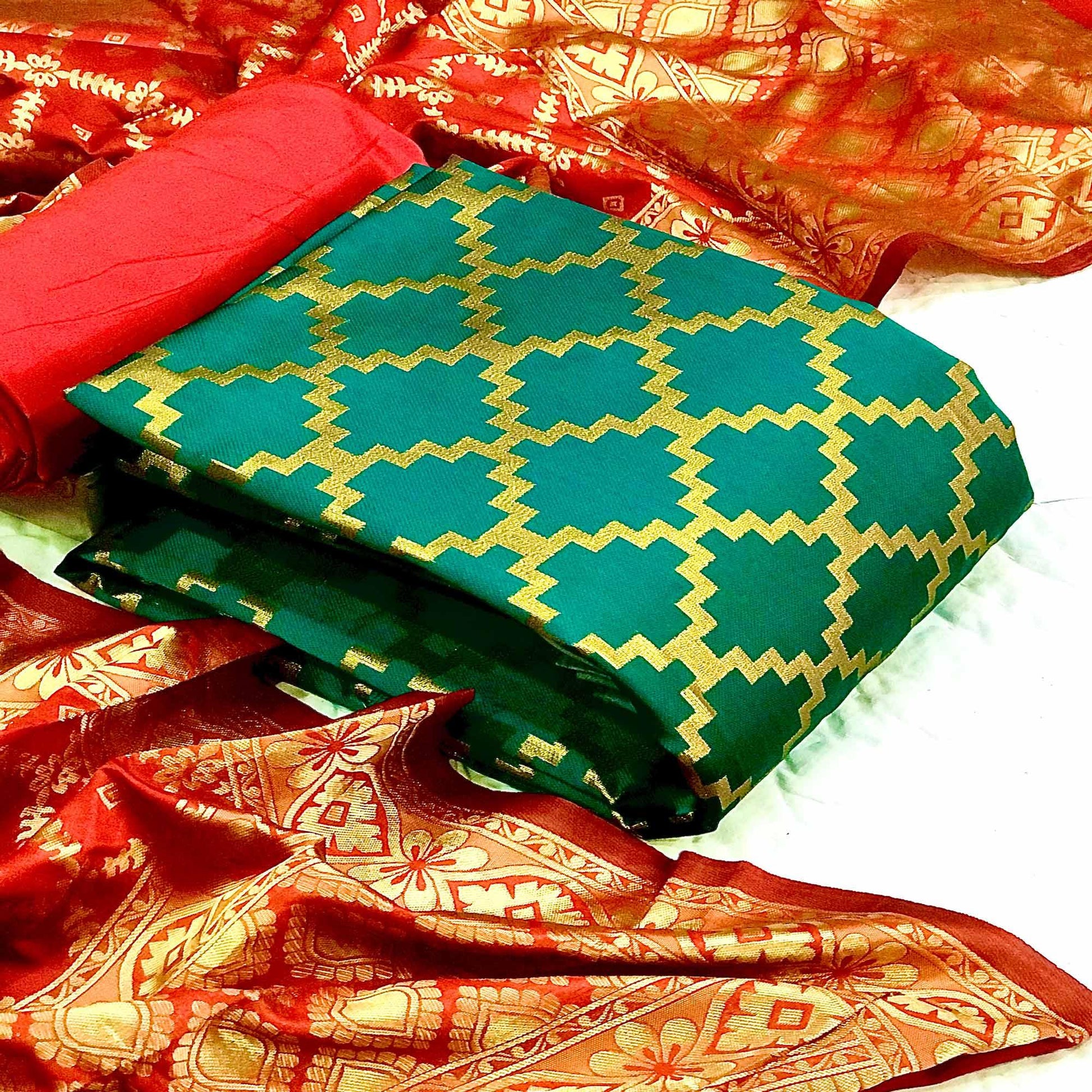 Dark Green Casual Wear Embroidered Banarasi Silk Dress Material