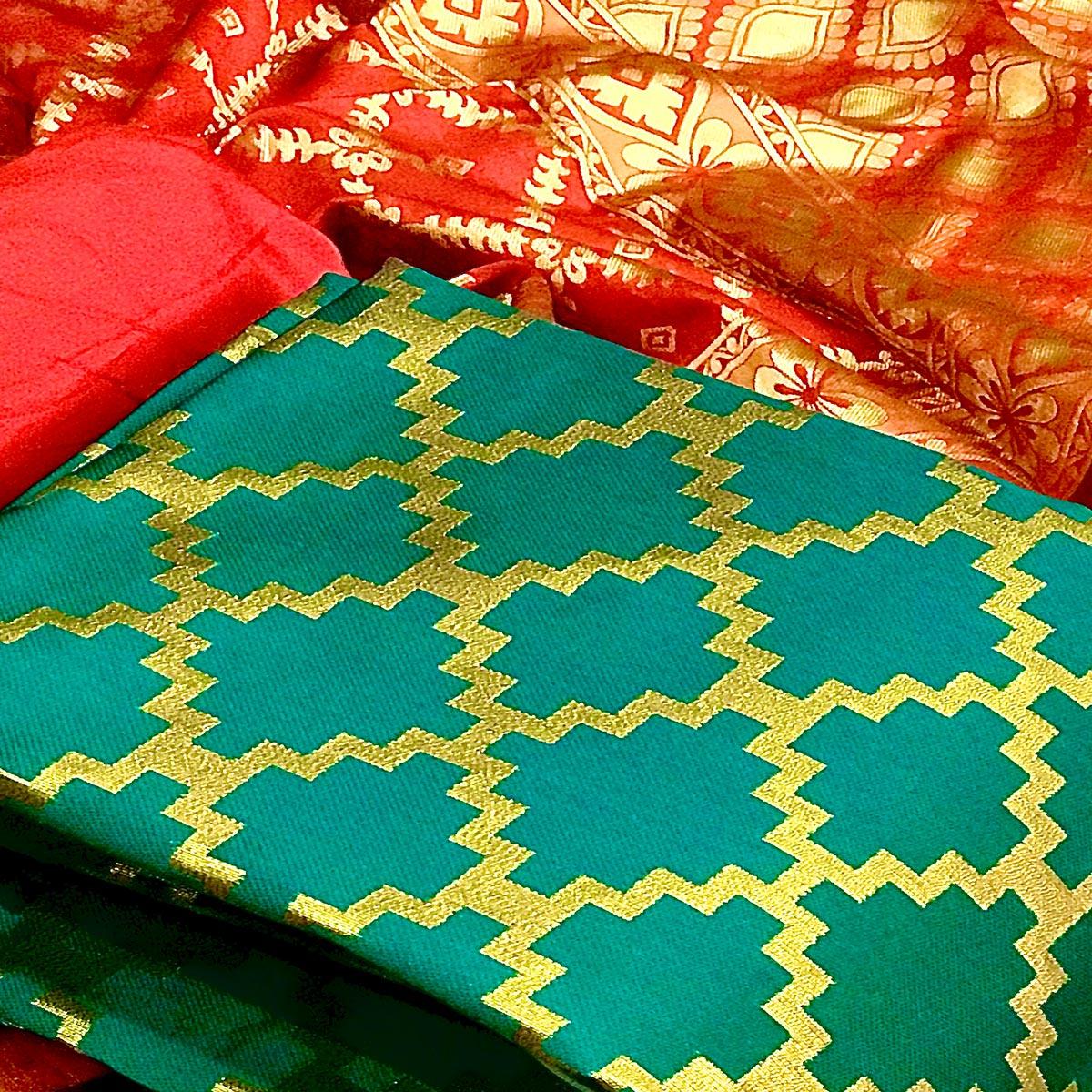 Dark Green Casual Wear Embroidered Banarasi Silk Dress Material