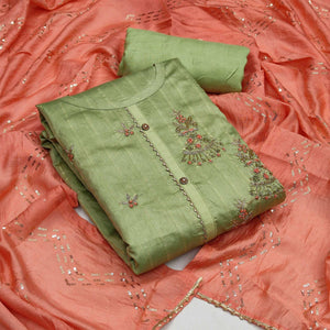 Dark Green Casual Wear Embroidered Cotton Dress Material