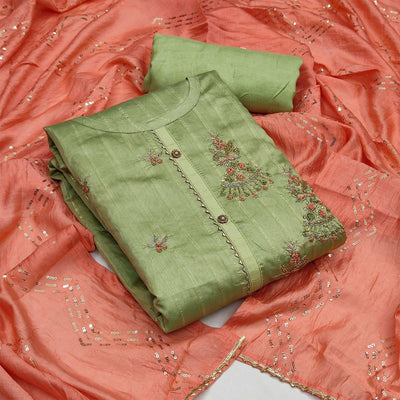 Dark Green Casual Wear Embroidered Cotton Dress Material