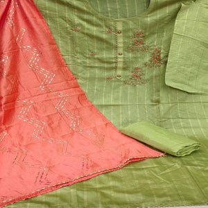 Dark Green Casual Wear Embroidered Cotton Dress Material